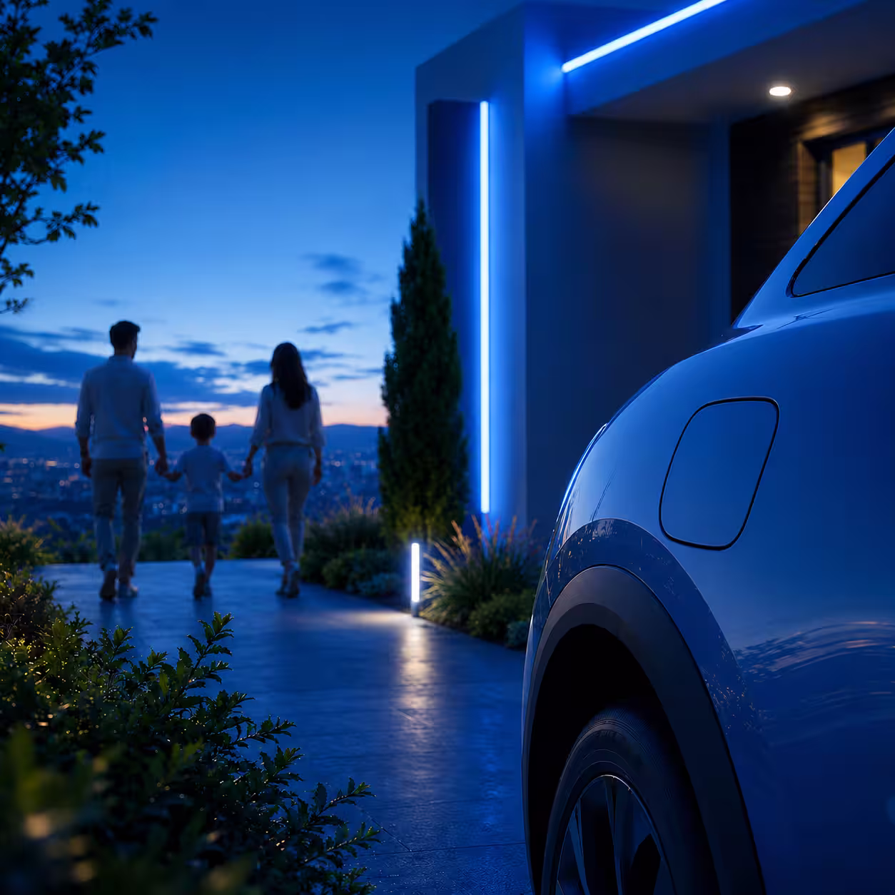 Elektro RIESS - Familie vor modernem Haus - Auto zu sehen