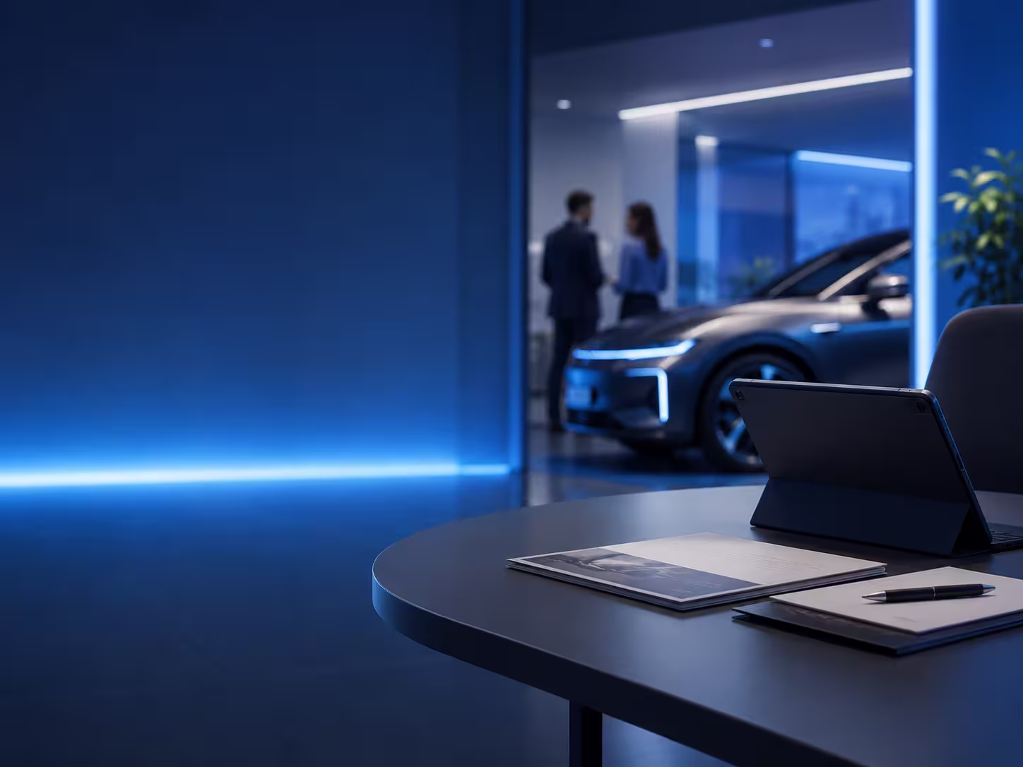 Elektro RIESS - Personen unterhalten sich vor Auto im Autohaus Fiktiv